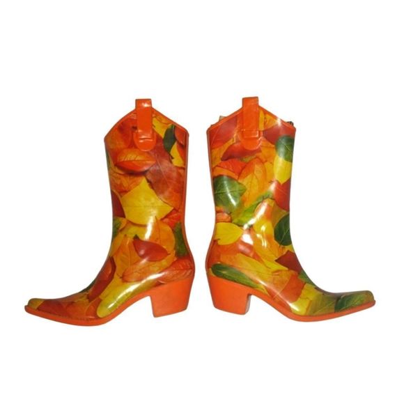 Cowboy Rain Boots Fall Leaves on an orange heel Cowboy Boots Rubber Rain Boots 6 - Picture 5 of 7
